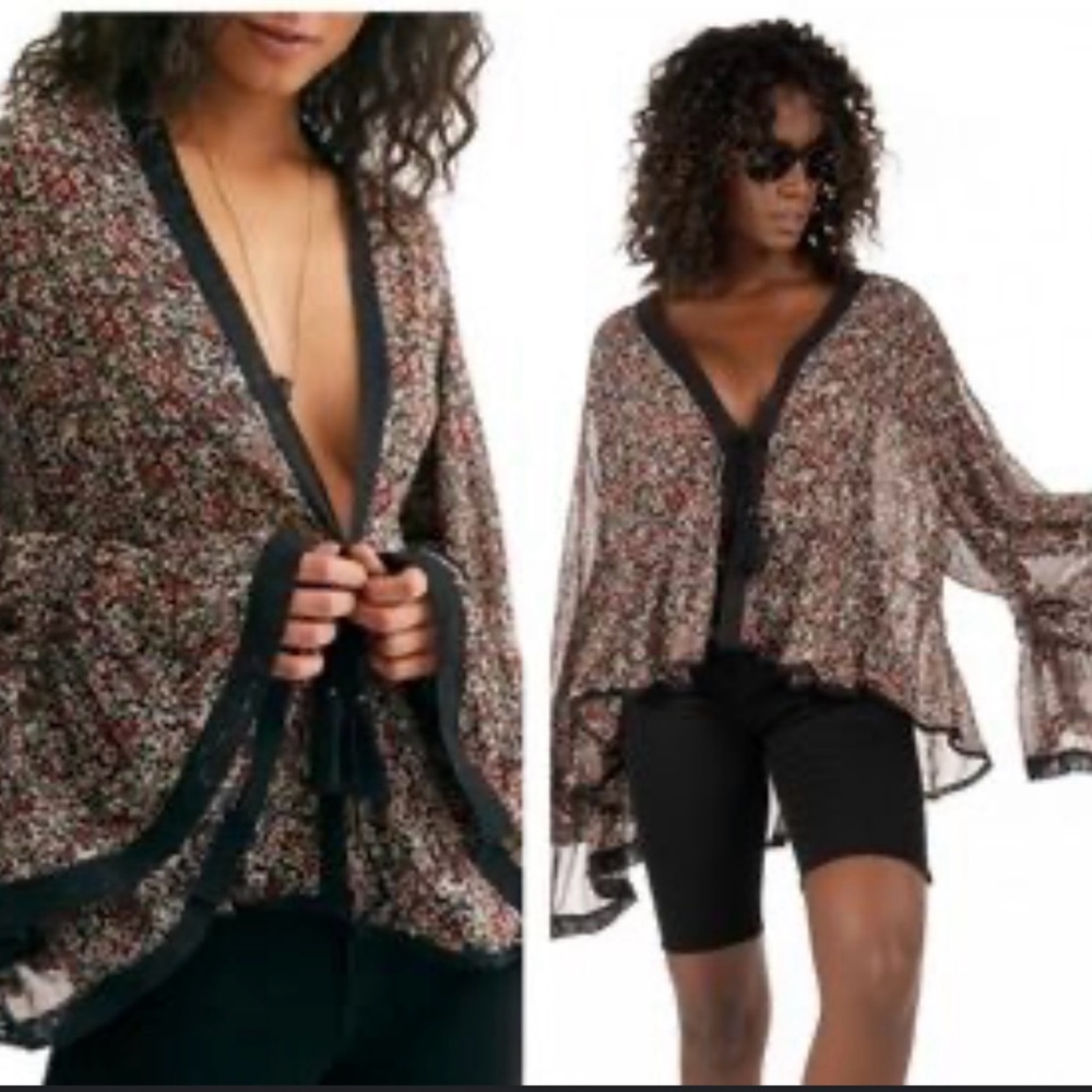 Free People Black Floral Oversized Lola Kimono Size Medium New